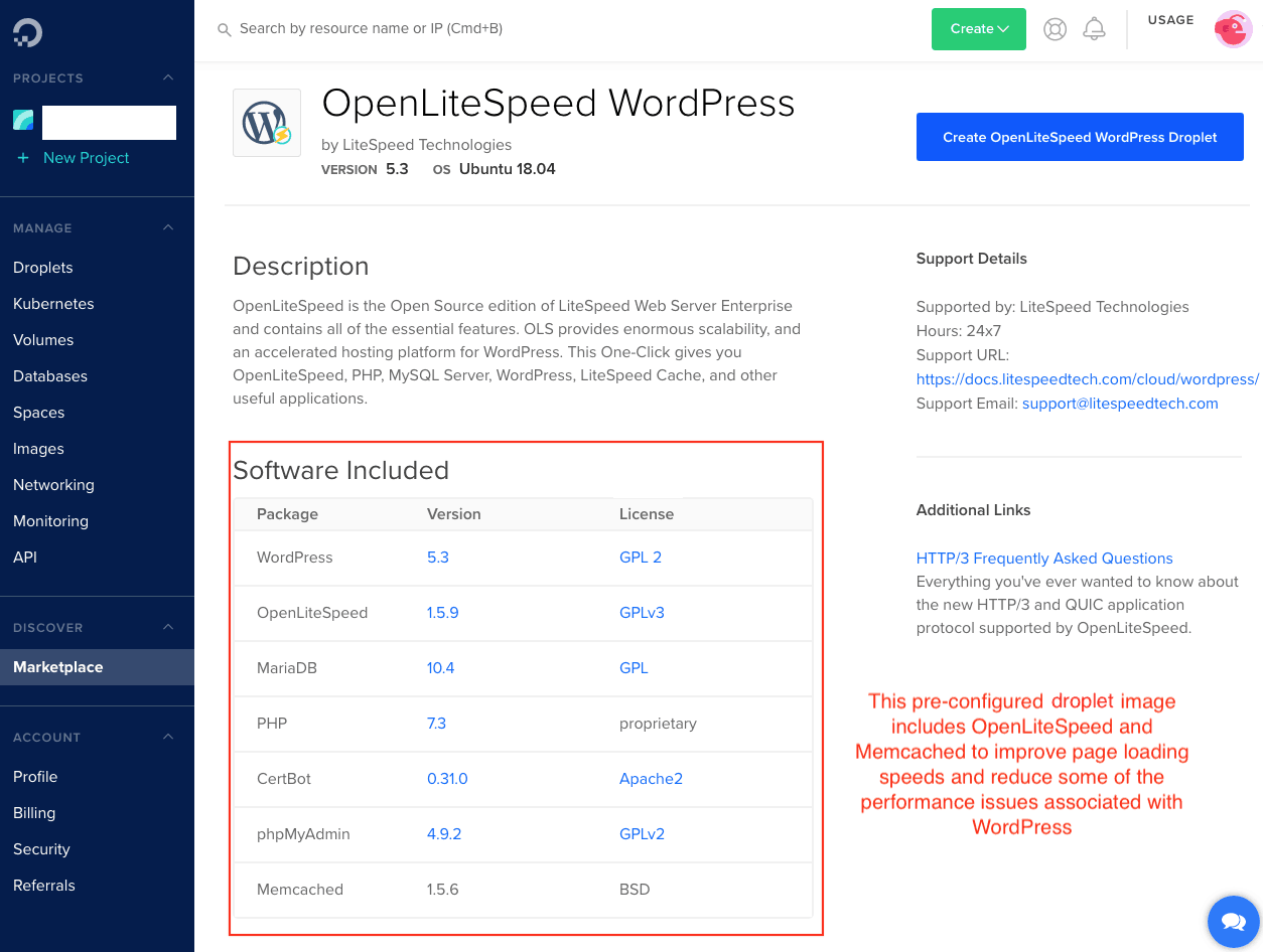 DigitalOcean's OpenLiteSpeed WordPress droplet