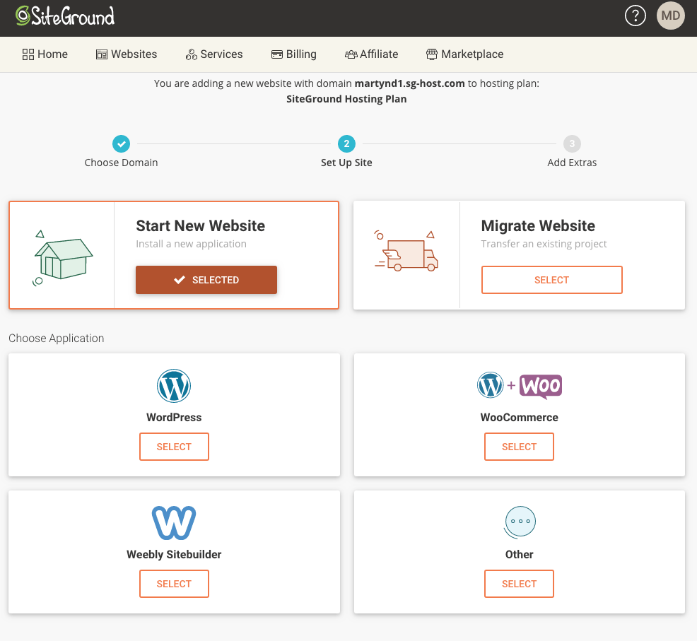 SiteGround dashboard