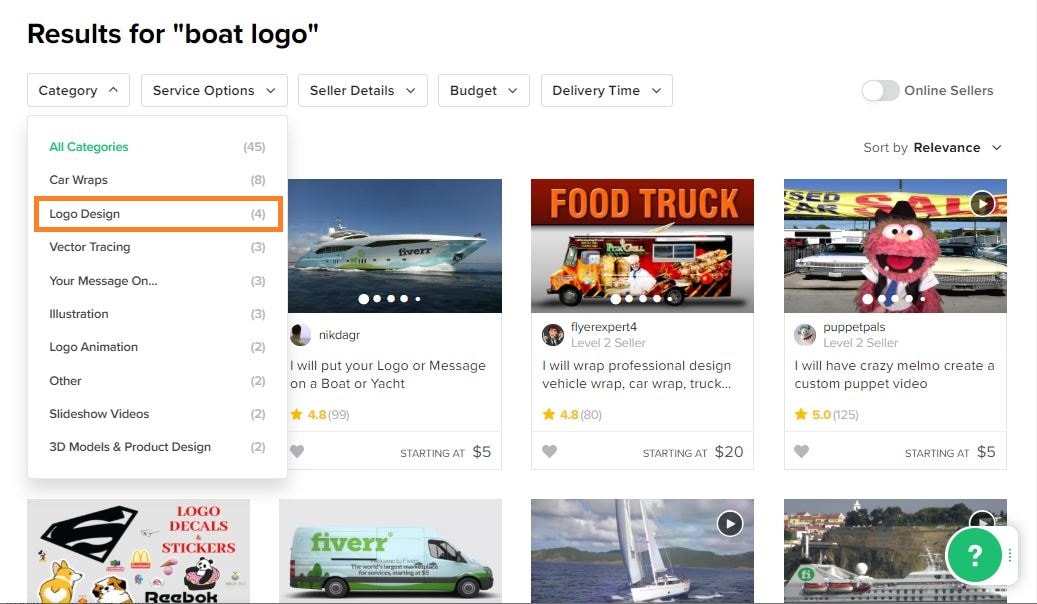 Fiverr screenshot - boat logo designers