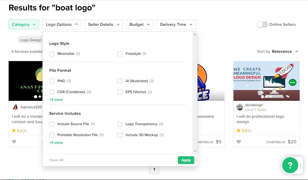 Fiverr screenshot - Logo options search filter