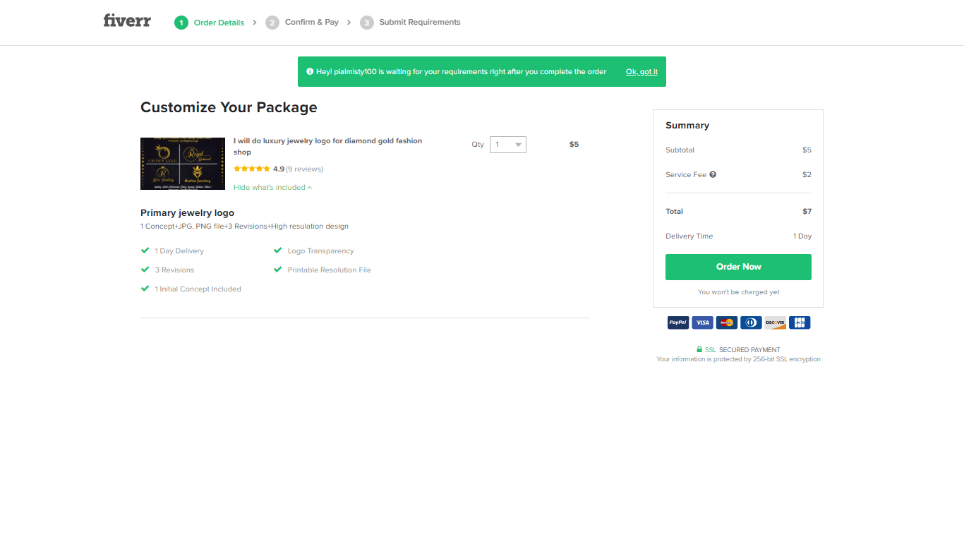 Fiverr screenshot - customize your package
