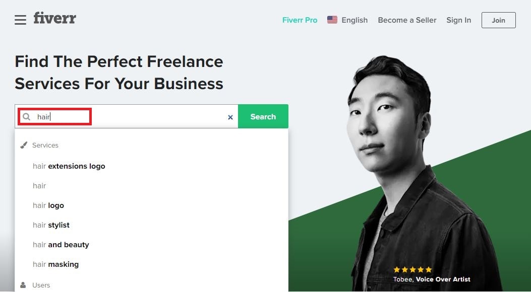 Fiverr screenshot - Search bar