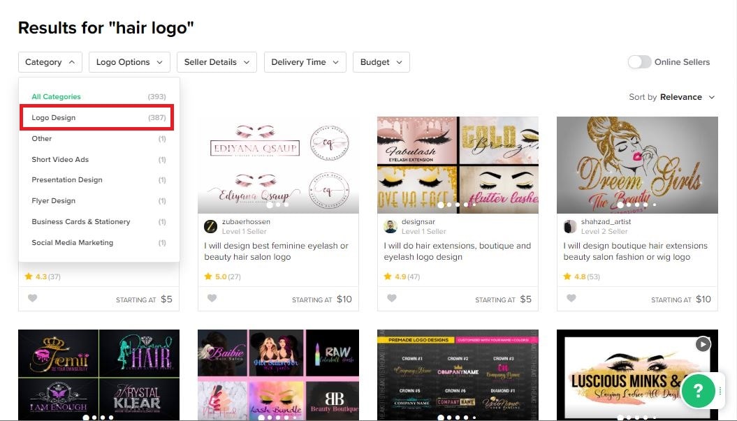 Fiverr screenshot - Hair logo designers