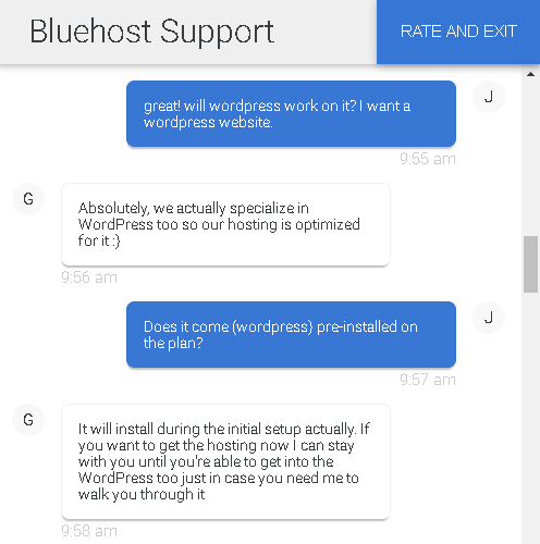 Bluehost chat support - installing WordPress