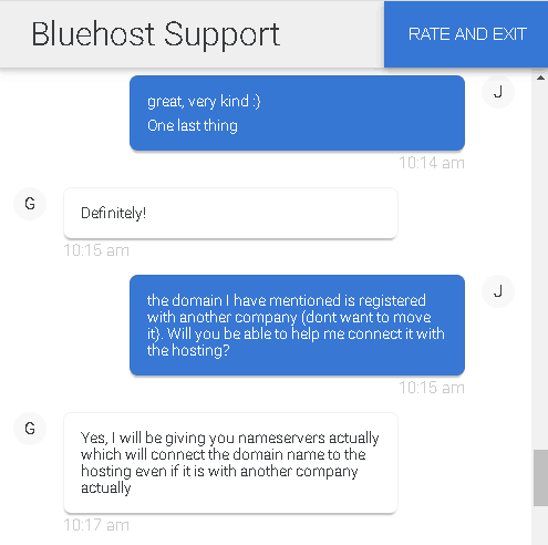 Bluehost chat support - connecting a domain