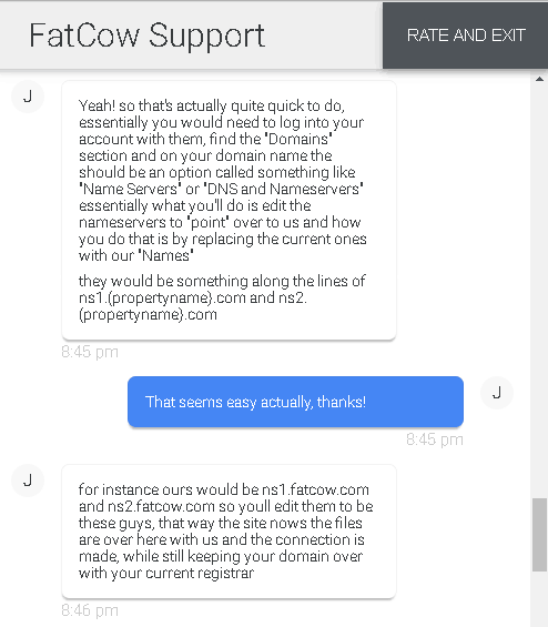 FatCow live chat support - nameservers