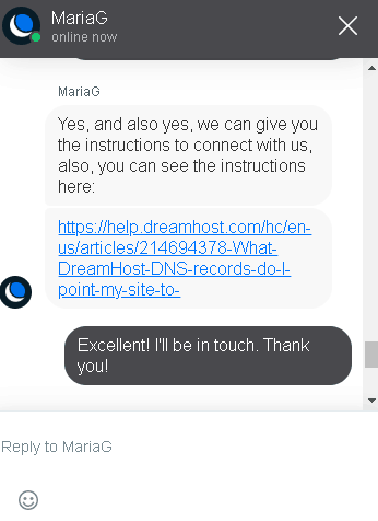 DreamHost's live chat support - Link to tutorial