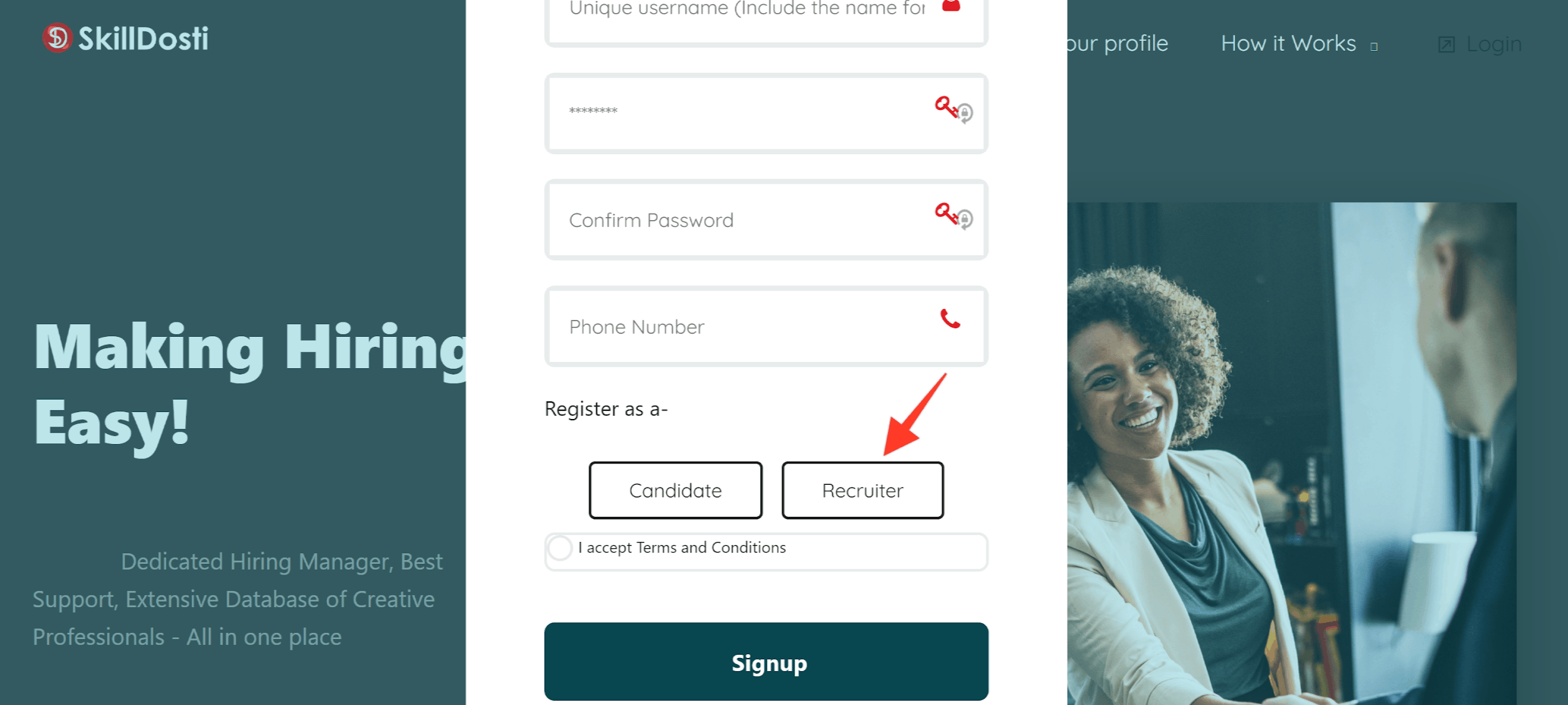 Skilldosti screenshot - signup as recruiter