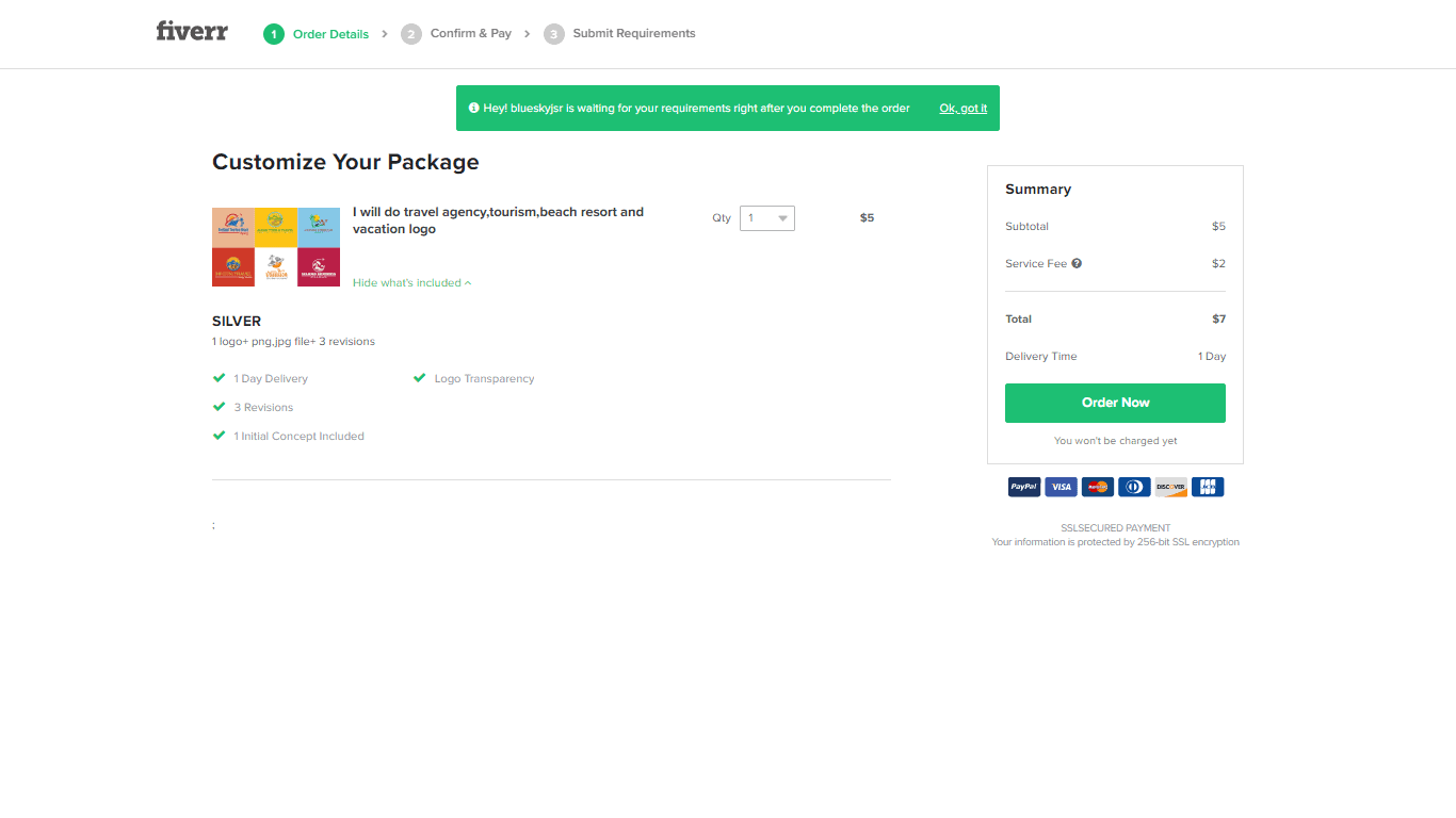 Fiverr screenshot - Customize Your Package