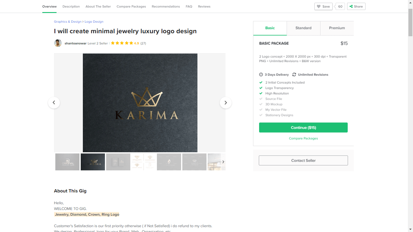 Fiverr screenshot - basic package overview