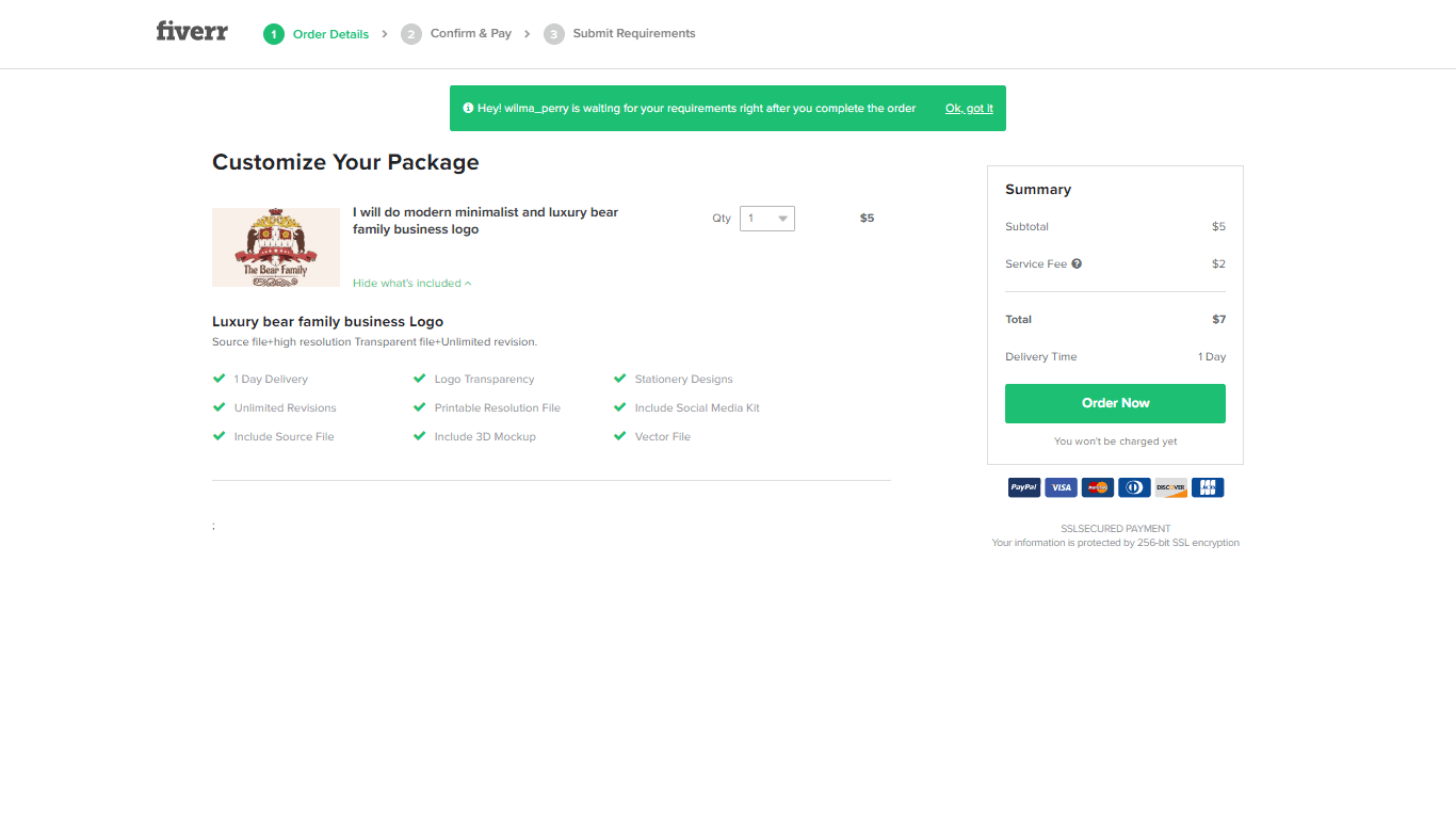 Fiverr screenshot - Customize Your Package