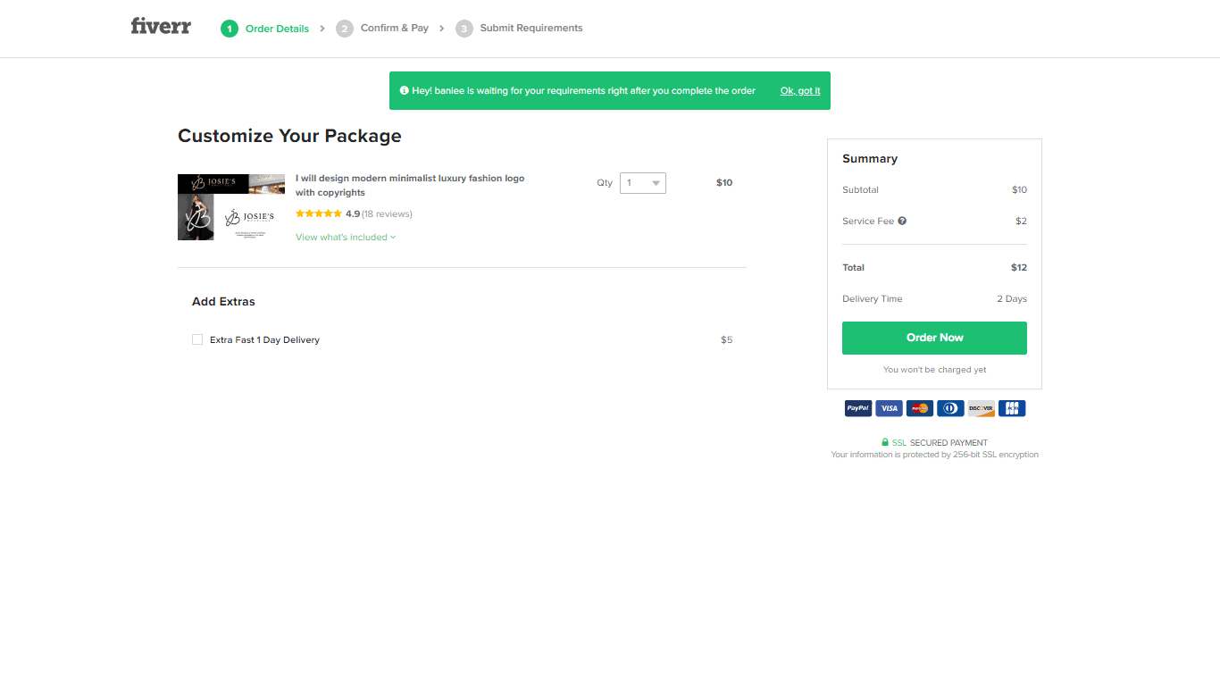 Fiverr screenshot - Order Now