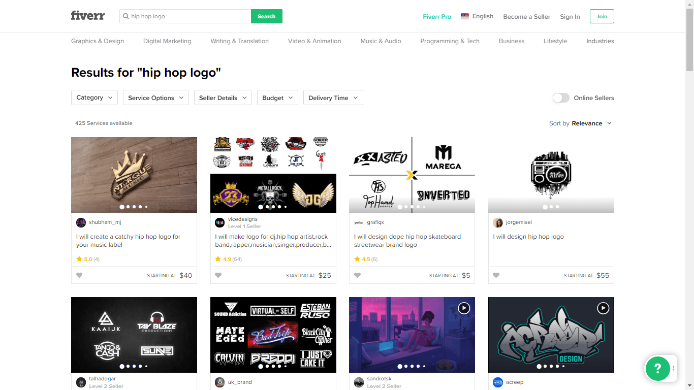 Fiverr screenshot - hip hop logo designers