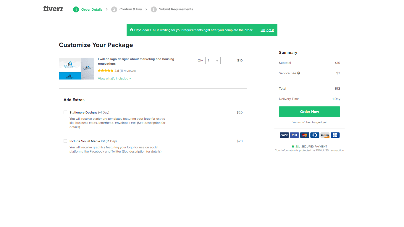 Fiverr screenshot - Customize Your Package