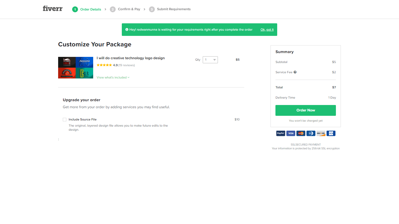 Fiverr screenshot - Customize Your Package