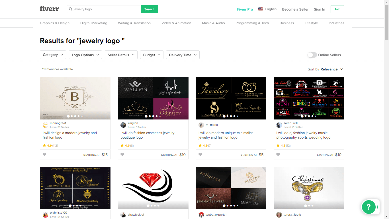 Fiverr screenshot - jewelry logo designers