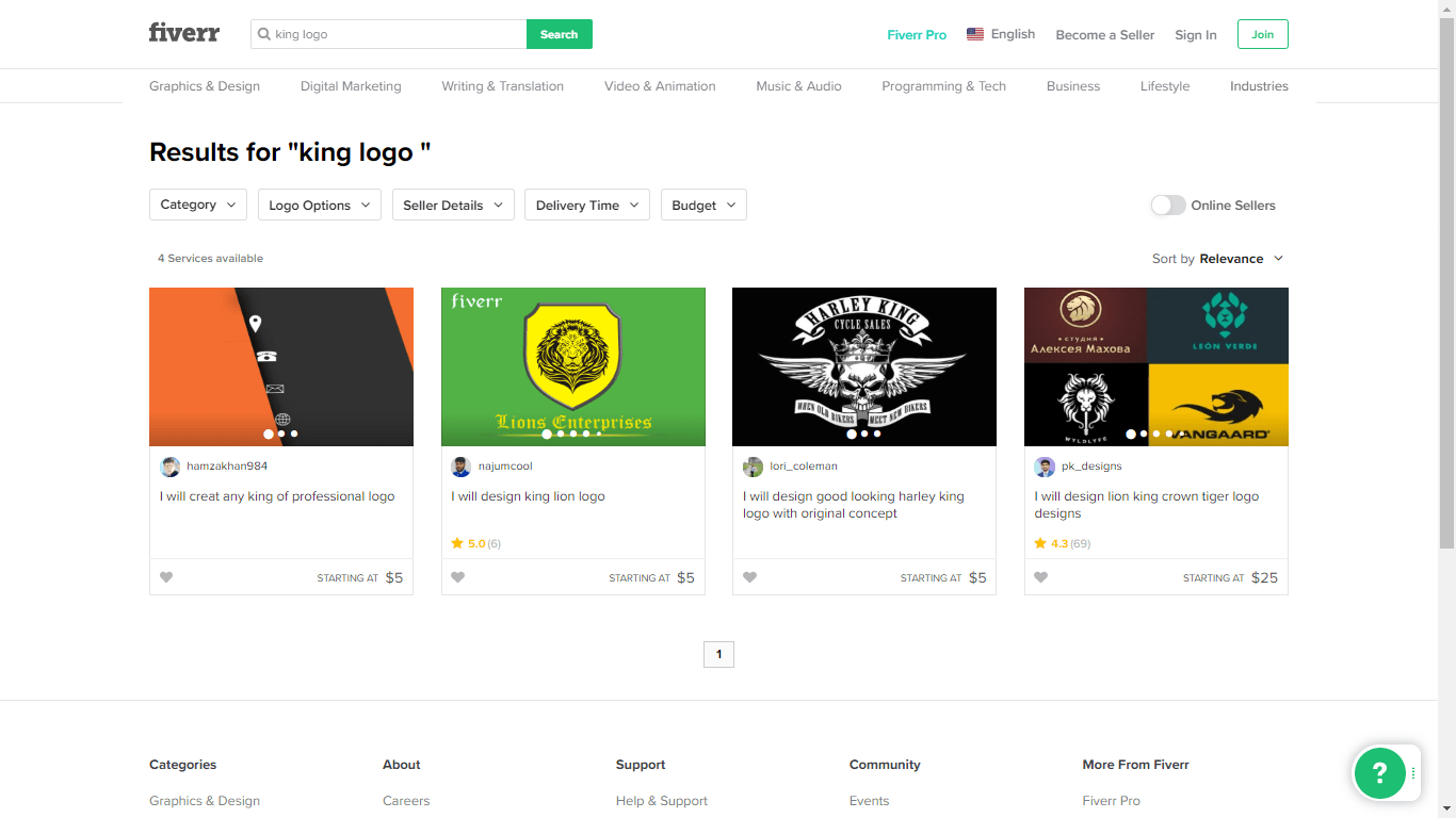 Fiverr screenshot - King logo designers