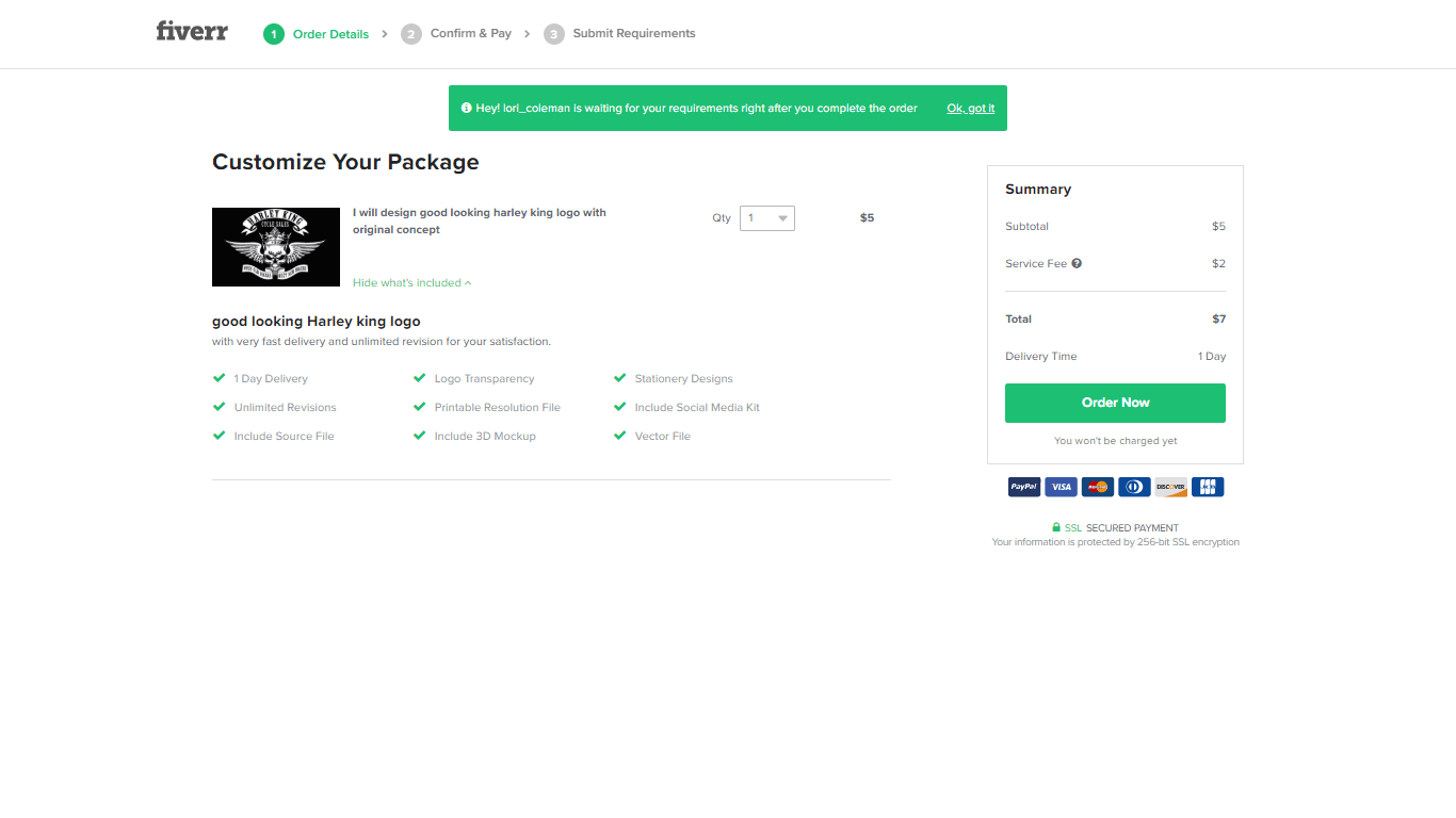 Fiverr screenshot - Order Now