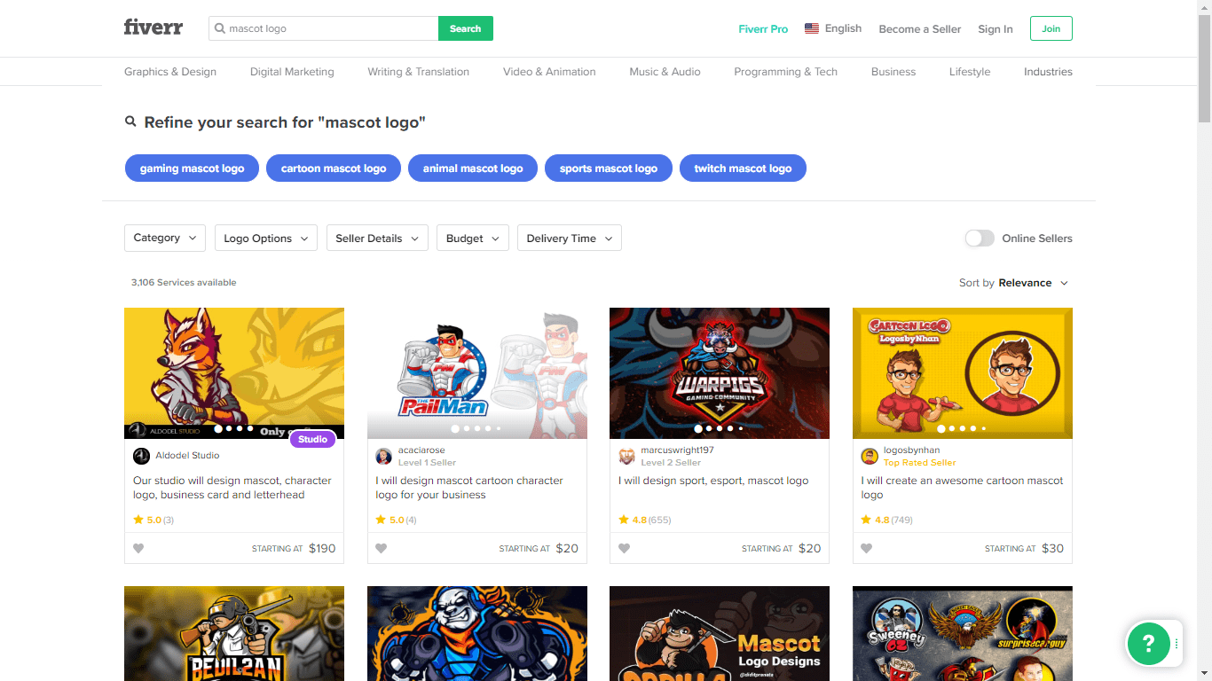 Fiverr screenshot - Mascot logo designers