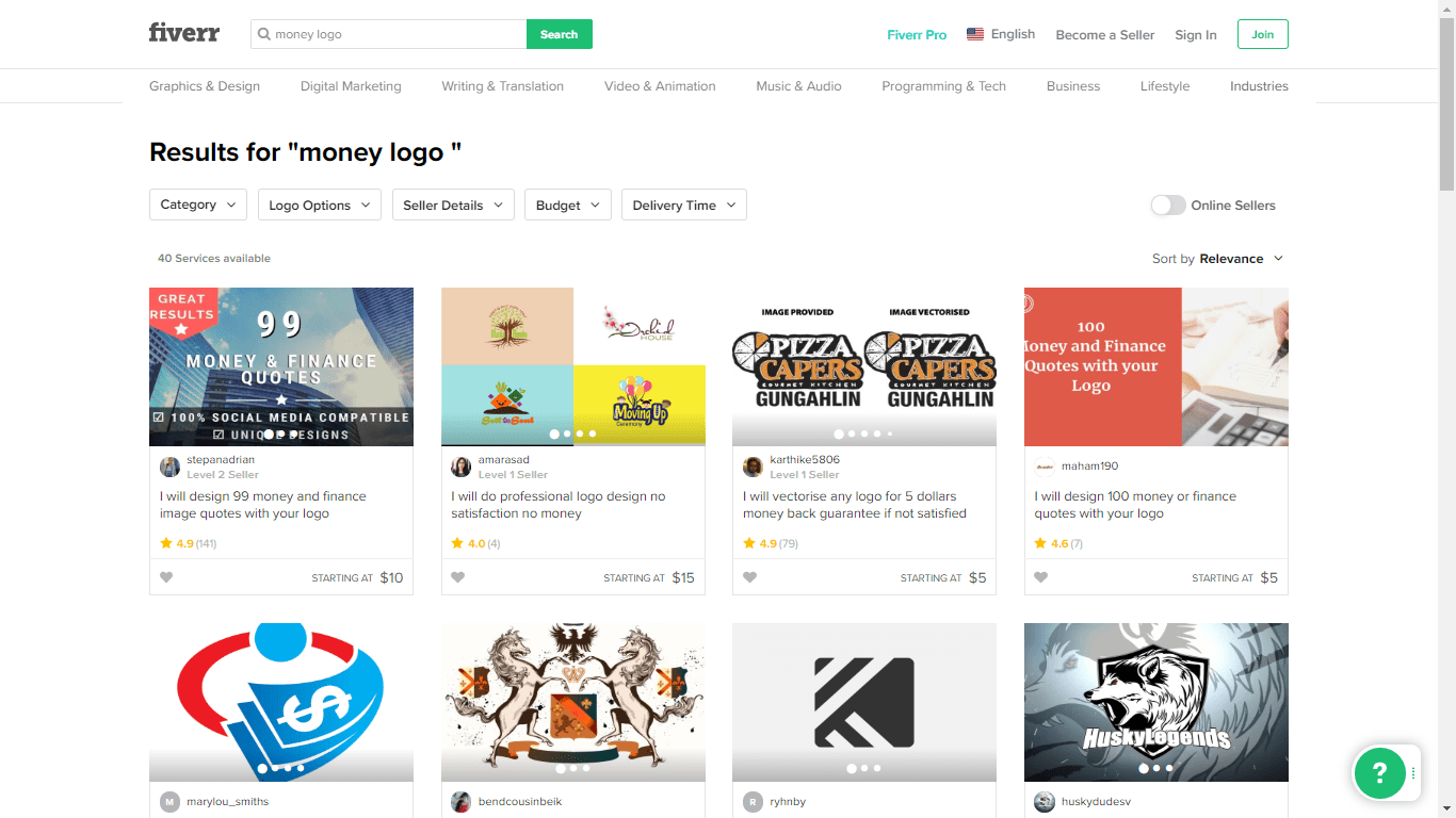 Fiverr screenshot - money logo designers