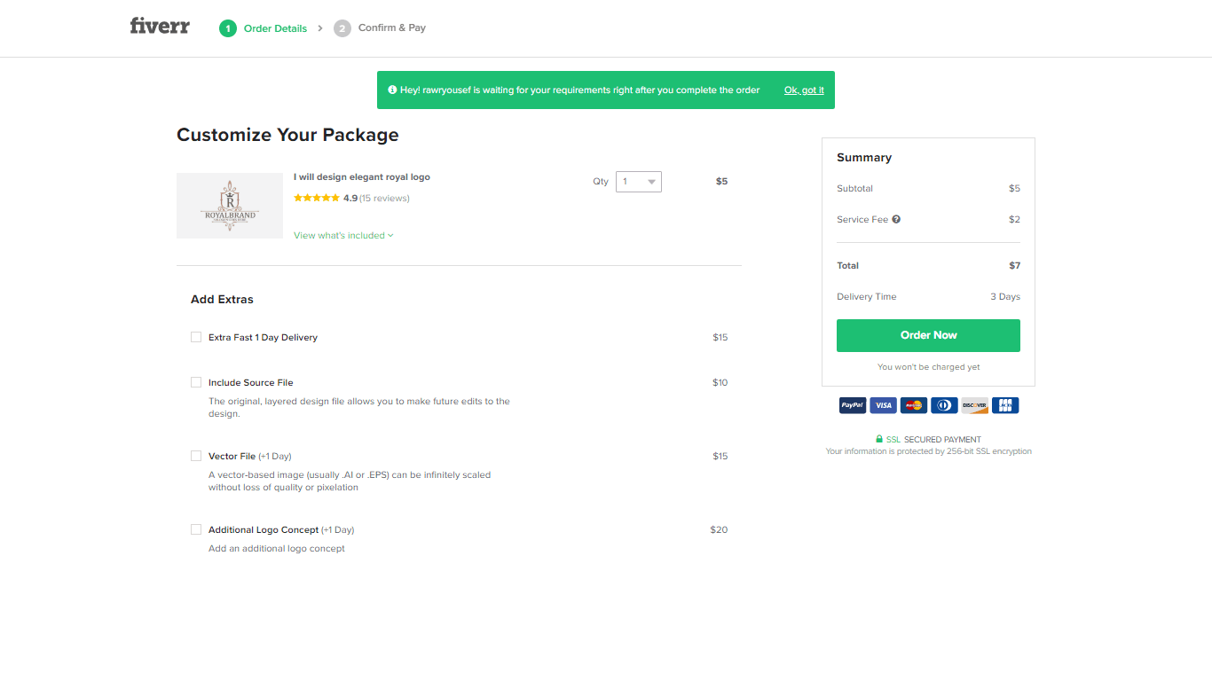 Fiverr screenshot - Order now