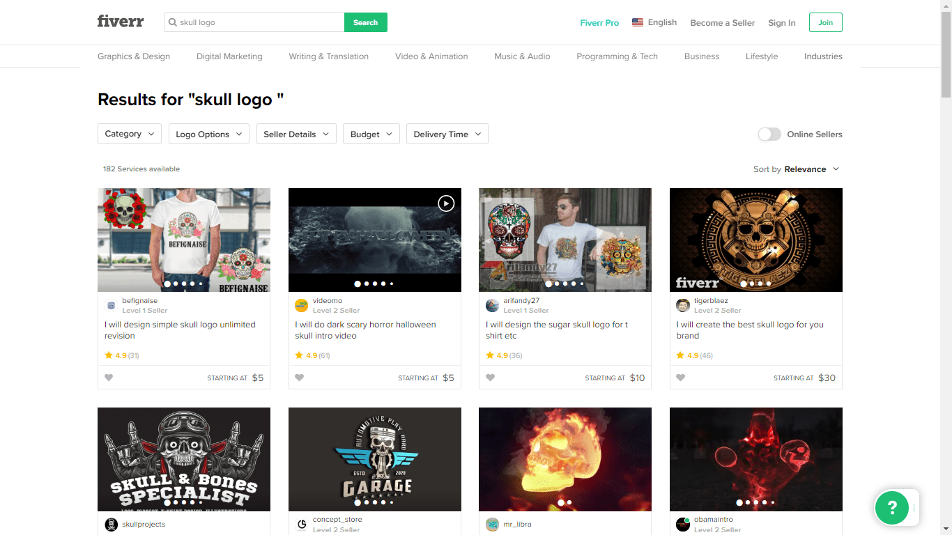 Fiverr screenshot - skull logo designers