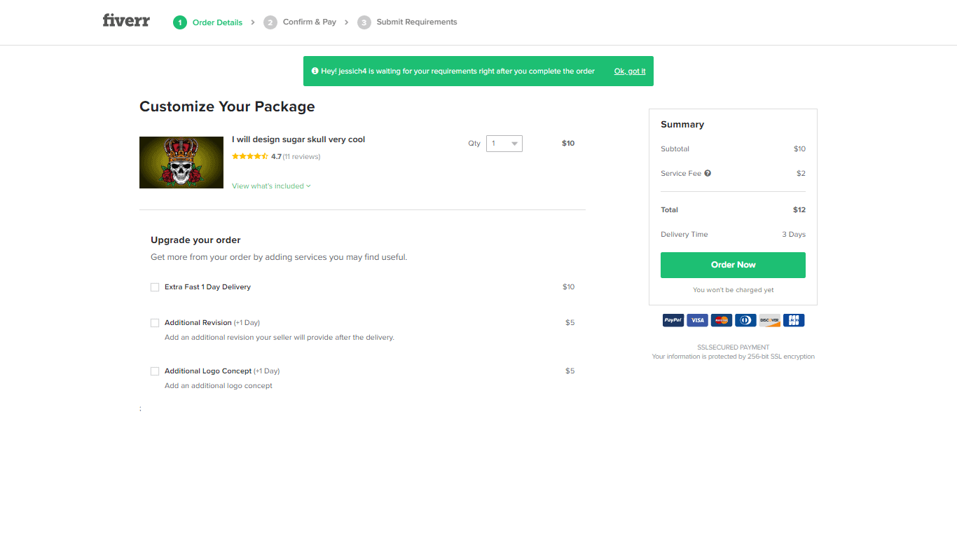 Fiverr screenshot - Customize Your Package