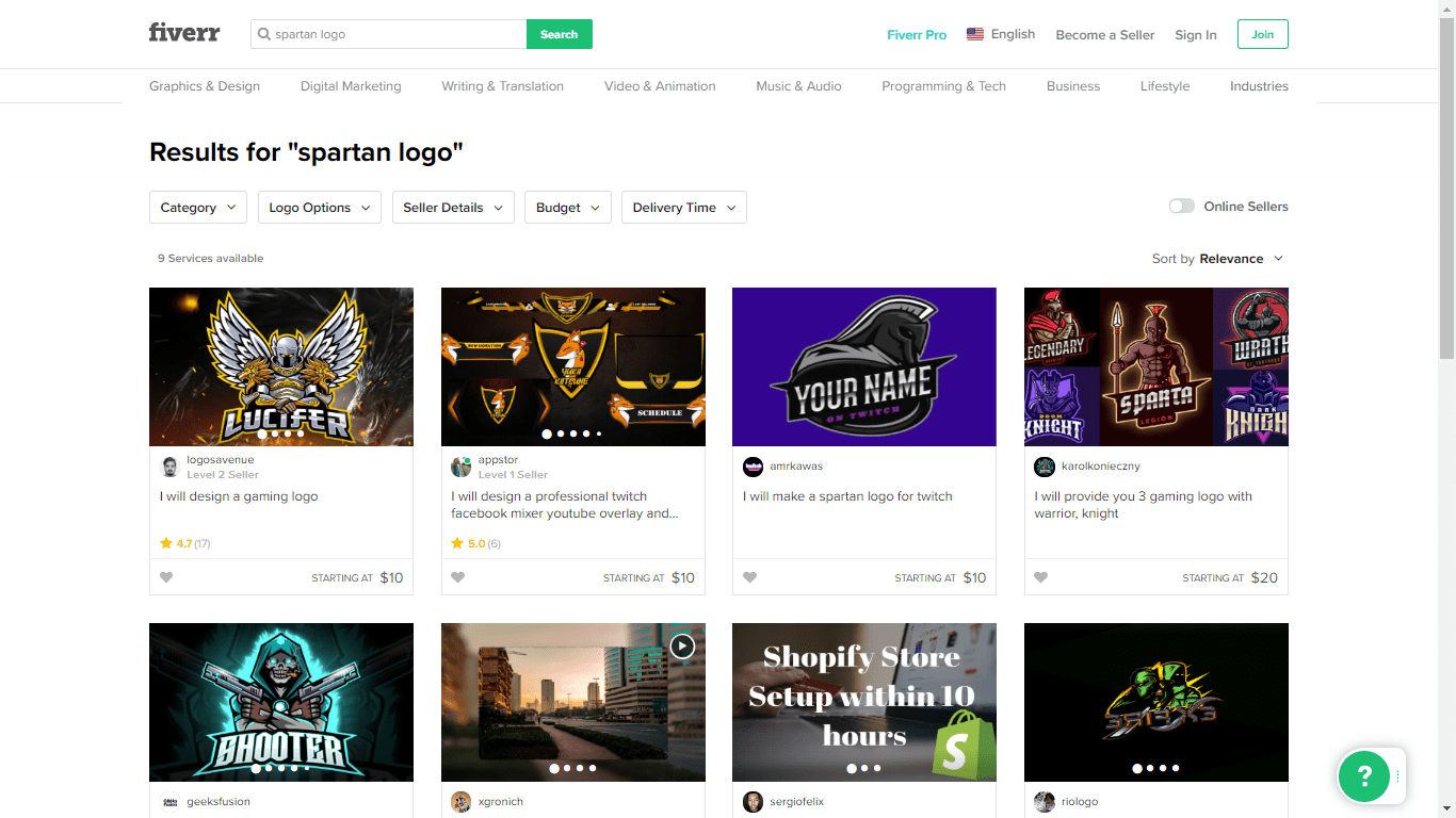 Fiverr screenshot - spartan logo designers