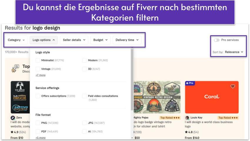 Du kannst die Ergebnisse auf Fiverr nach bestimmten Kategorien filtern