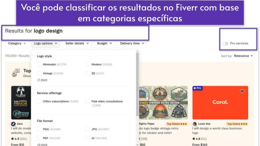 Você pode classificar os resultados no Fiverr com base em categorias específicas