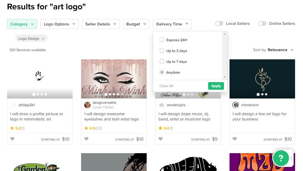 Fiverr screenshot - delivery time search filter