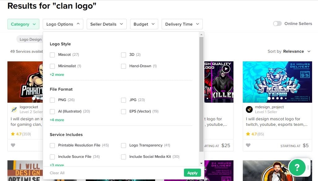 Fiverr screenshot - logo options search filter