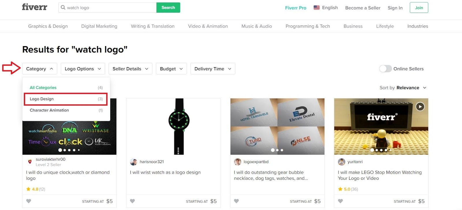 Fiverr screenshot - watch logo designers