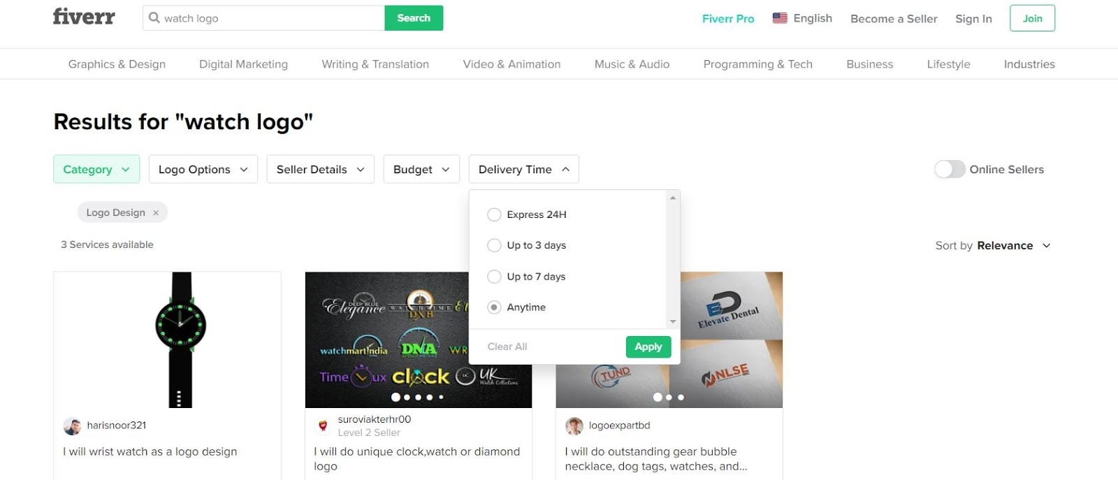 Fiverr screenshot - Applying delivery time filter