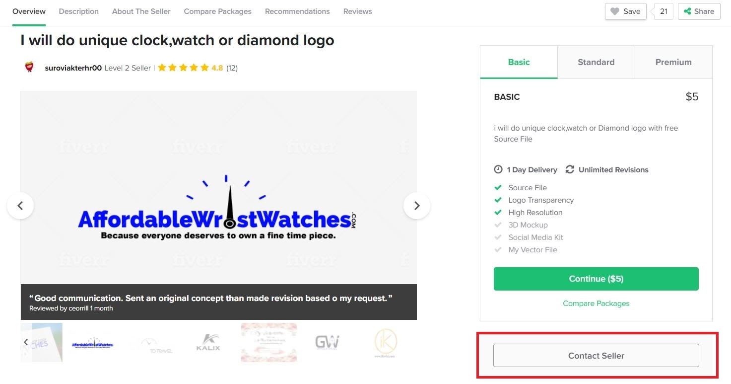Fiverr screenshot - basic package overview