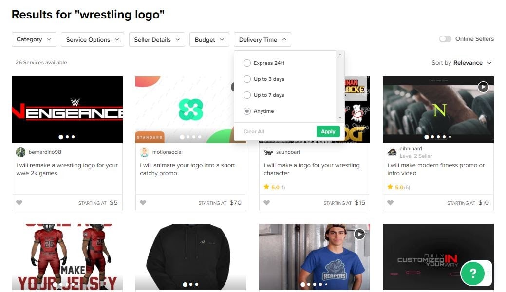Fiverr screenshot - delivery time search filter