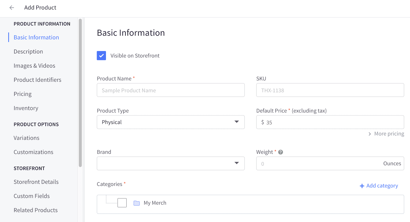 Partial view of BigCommerce’s product information fields