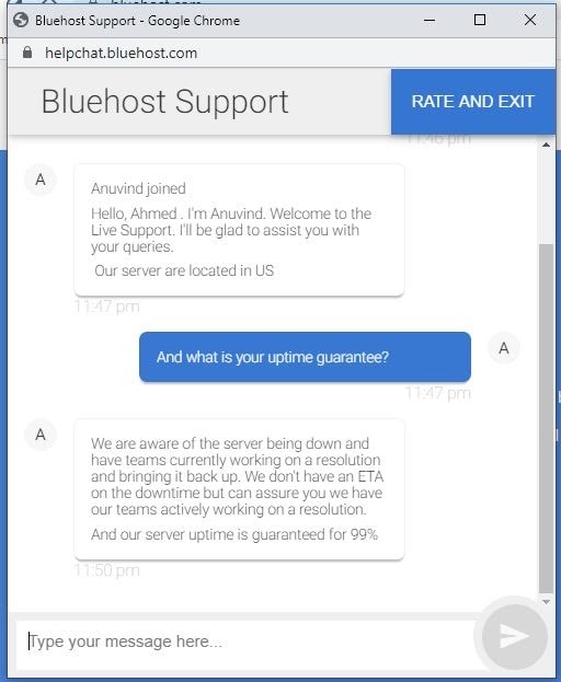 Bluehost live chat support