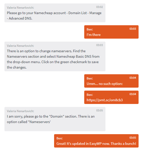 NameCheap's live chat support