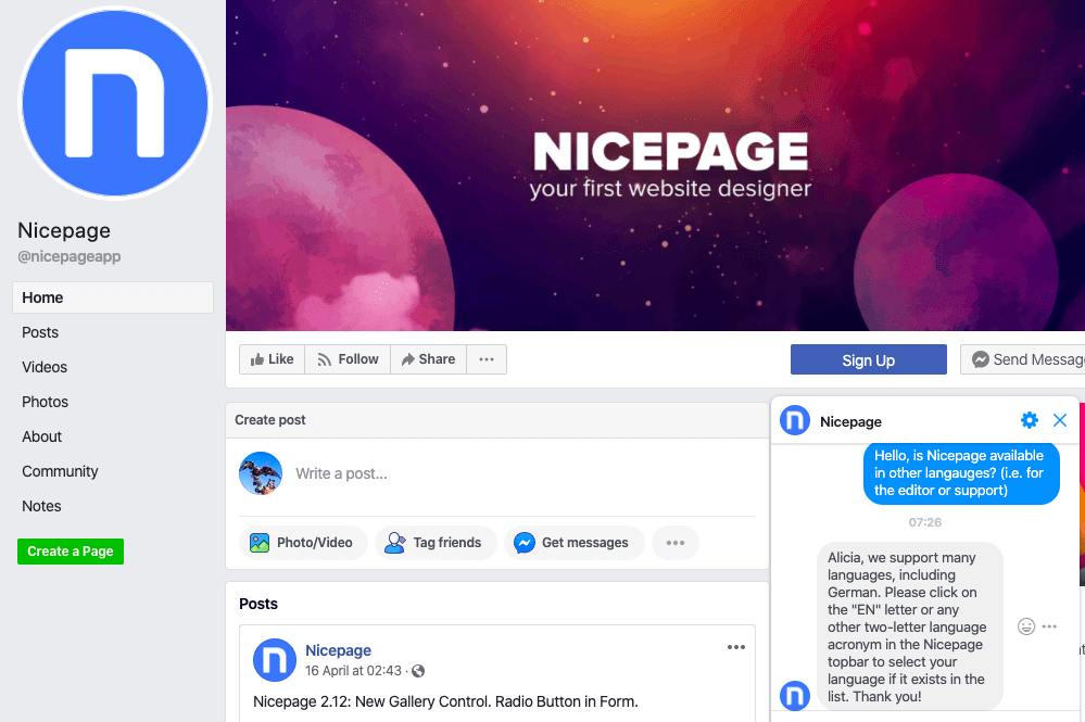 Nicepage Facebook chat