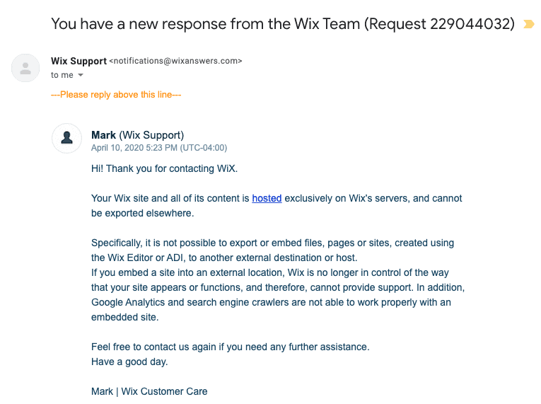 Wix Support email correspondence