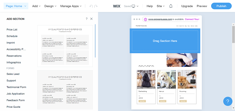 Wix editor adding new website section