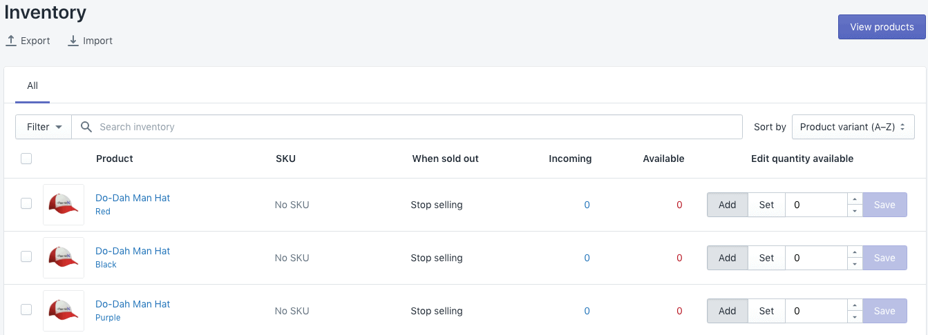 Shopify’s inventory tracking layout