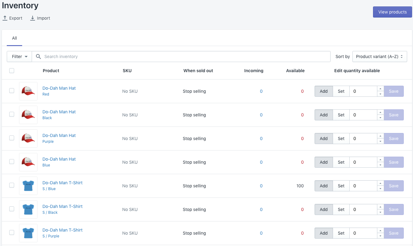 Shopify's inventory tracking layout