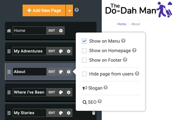 SITE123's interface for adding and reordering pages or sections