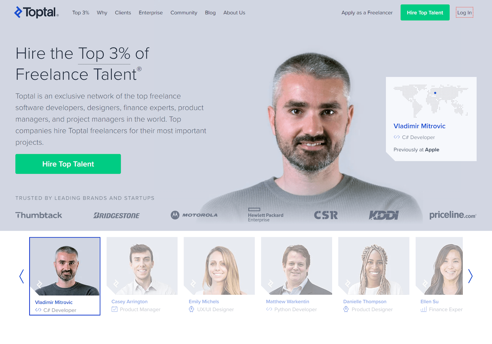 Desktop homepage of freelancer platform Toptal