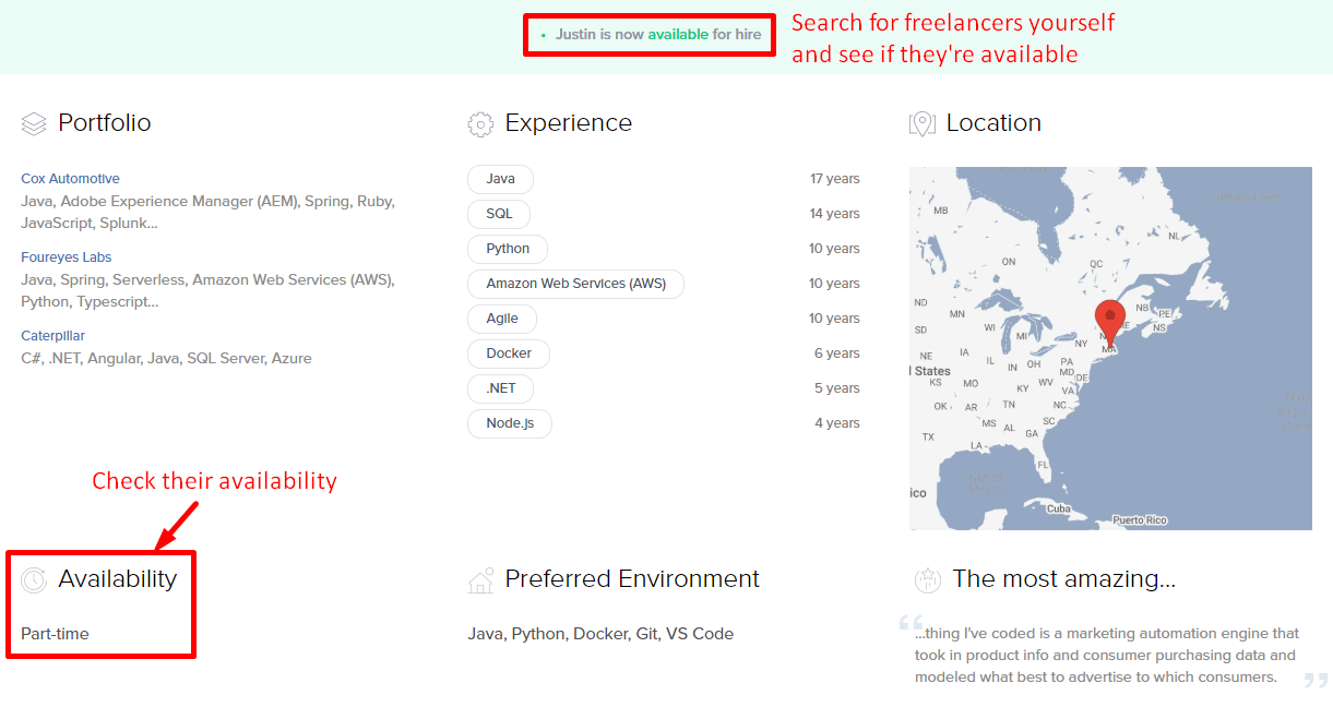 Freelancer profile page, including availability status, Toptal