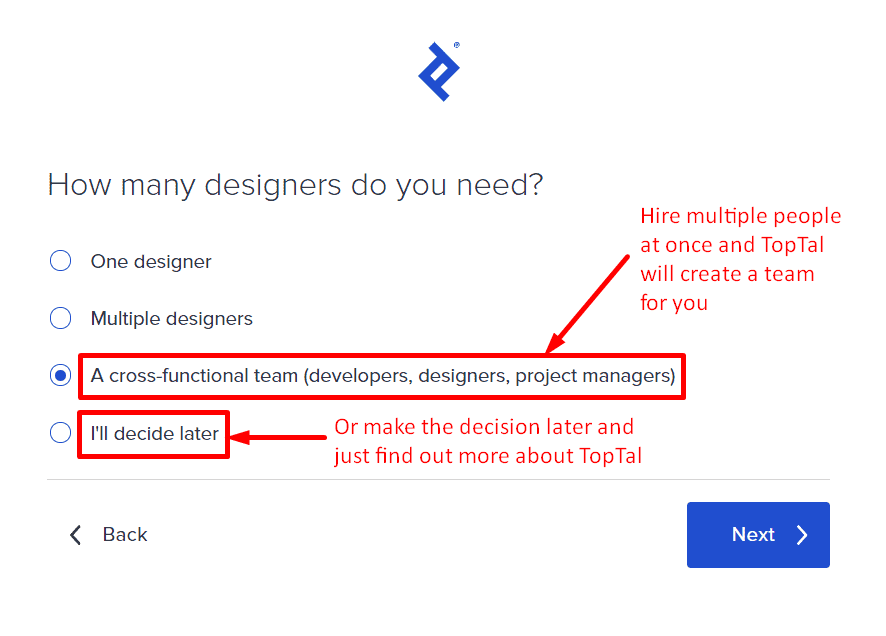 “How many designers do you need?” multiple-choice question for clients hiring freelancers, Toptal