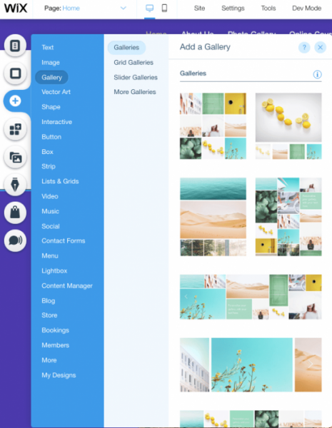 Wix has dozens of elements and layouts to add to your site
