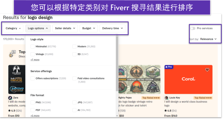 您可以根据特定类别对 Fiverr 搜寻结果进行排序